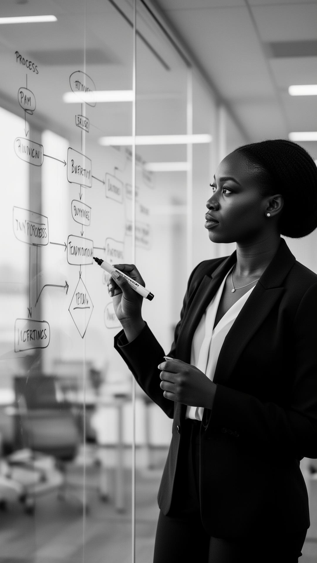 Professional reviewing a process map on a glass wall