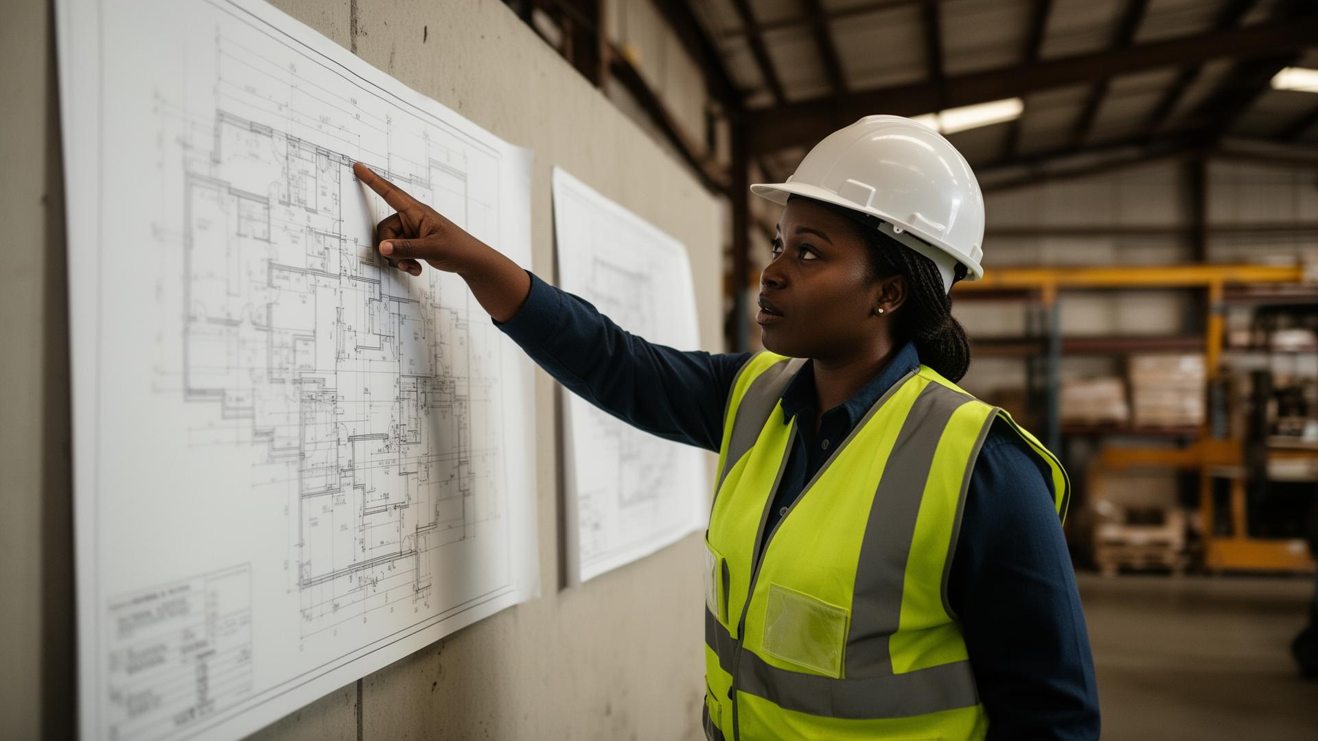 Operations leader pointing at a blueprint inside an industrial facility