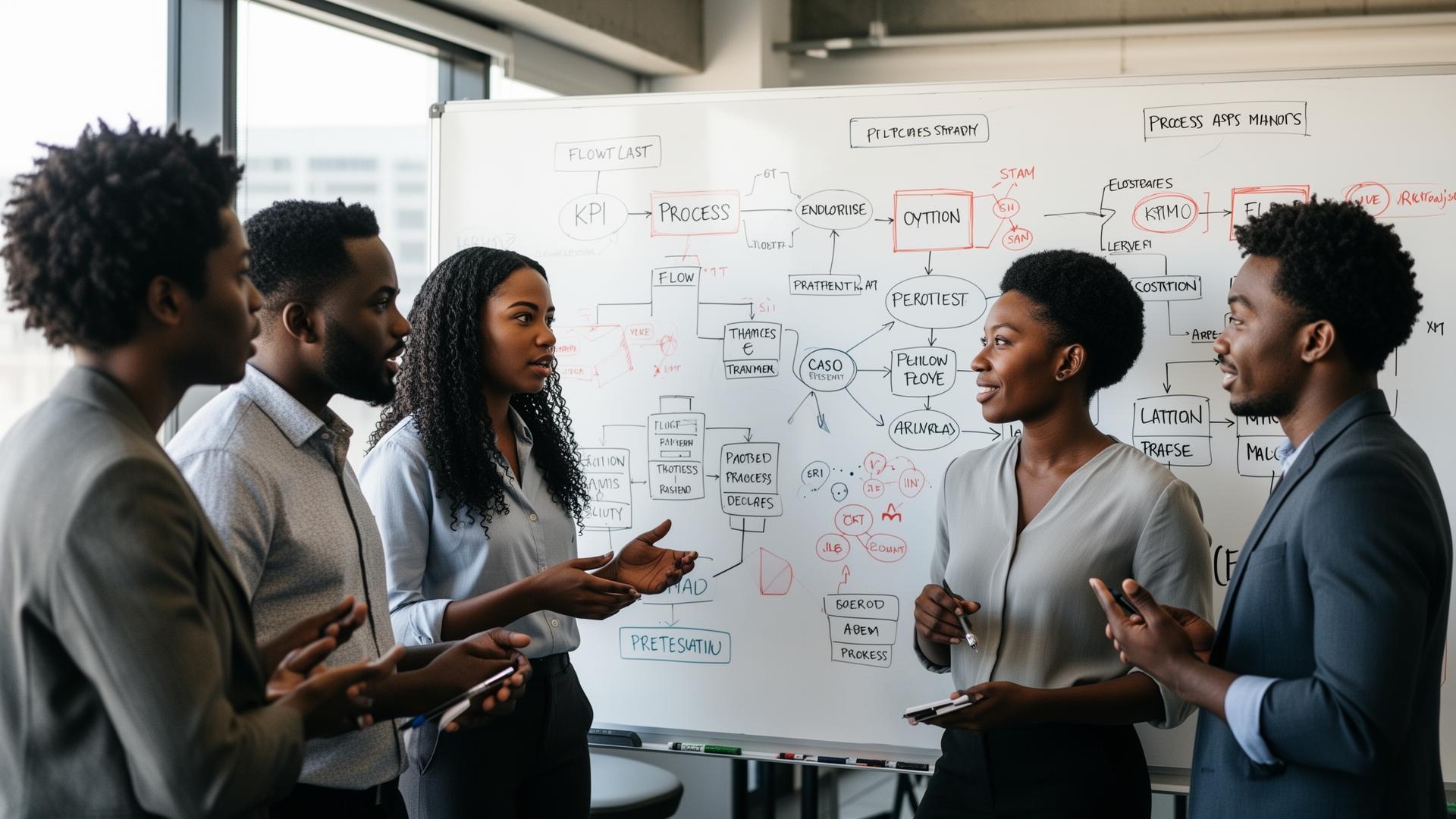 Team mapping process flows on a whiteboard